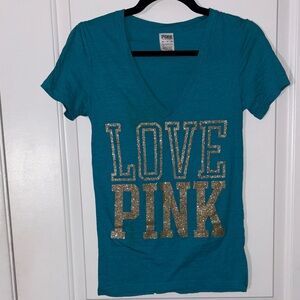 PINK Victoria's Secret Teal V-Neck Tee with Gold Lettering